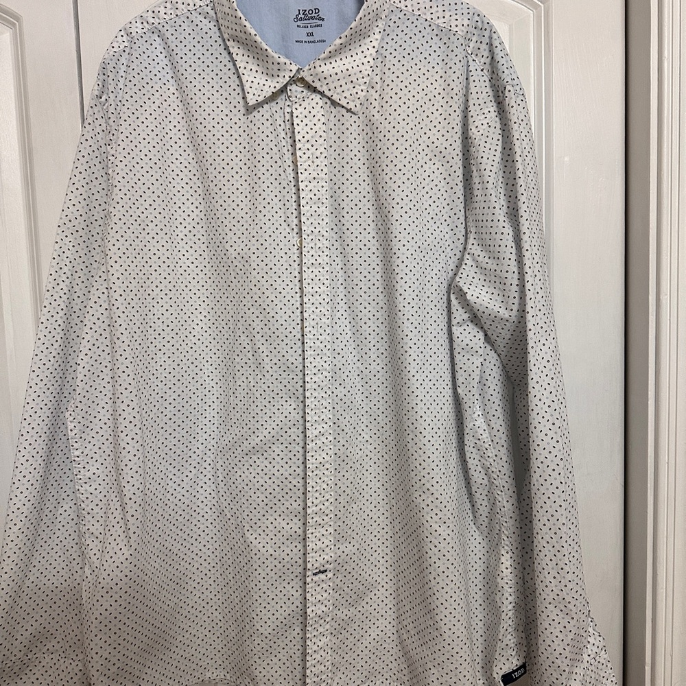 Izod White Button-Down Shirt with Navy Micro Dots